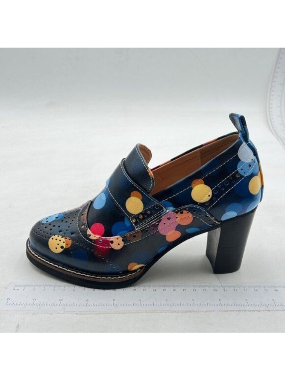 Women Chunky High Heels Round Toe Oxford Loafer Shoes Slip On  Work Pumps  Black